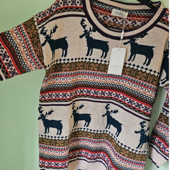 NWT! Orilife Oversized Baggy Beige Cotton & Wool Blend Reindeer Sweater - Picture 6 of 9